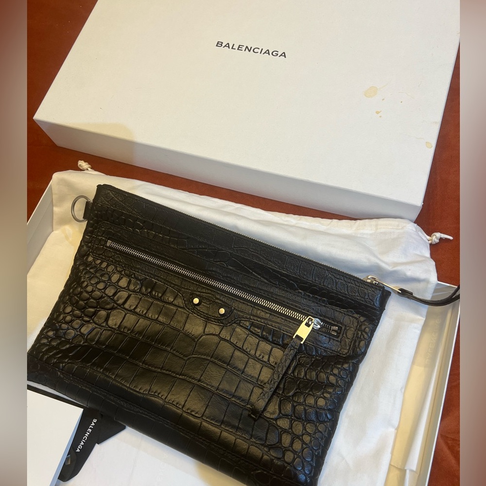Balenciaga Black Croc-Embossed Leather Clutch Wristlet